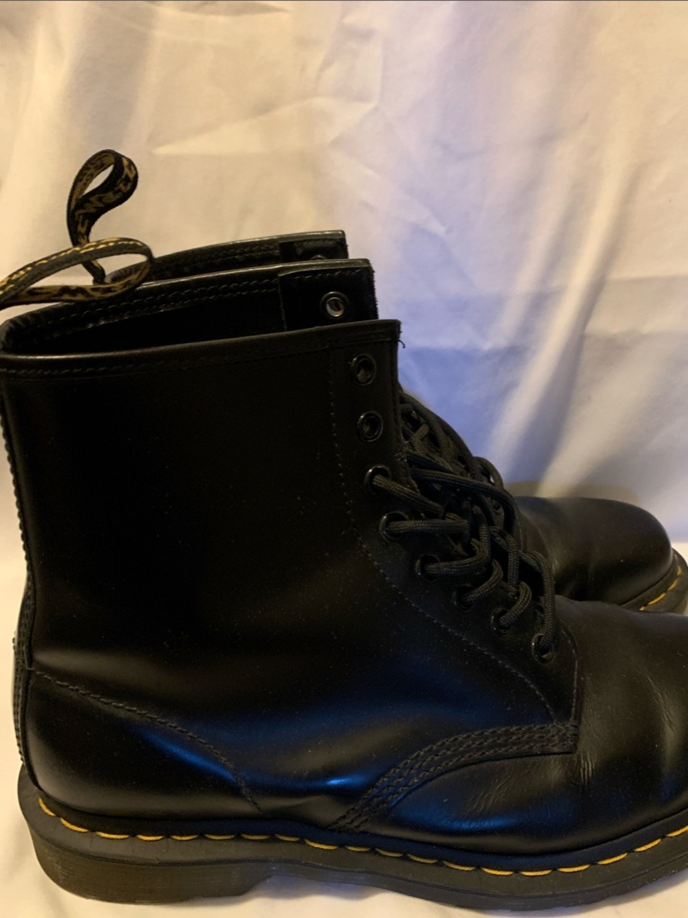 Dr. Martens Black Leather Lace-Up Combat Boots with Yellow Stitching